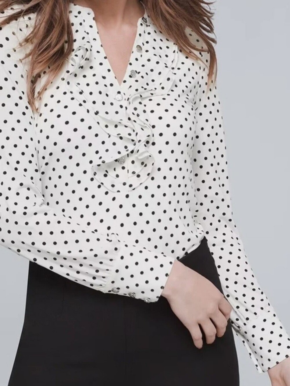 White House Black Market Dotted Ruffle Top Size M, NWT, Ecru/black